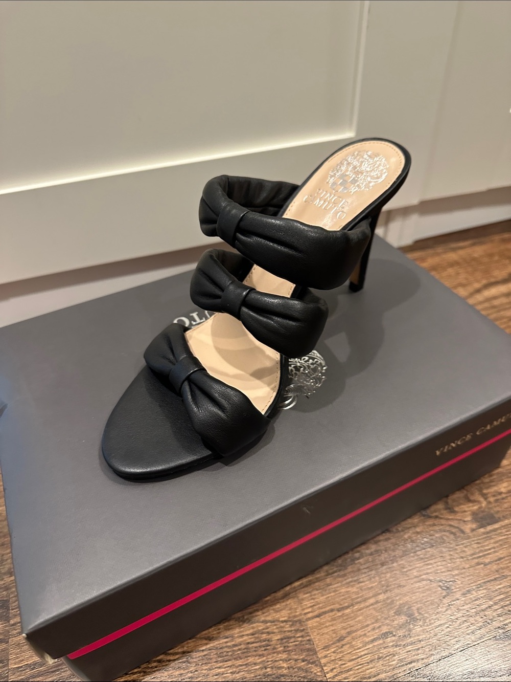 Vince Camuto Black Knotted Triple-Strap Mule Heel